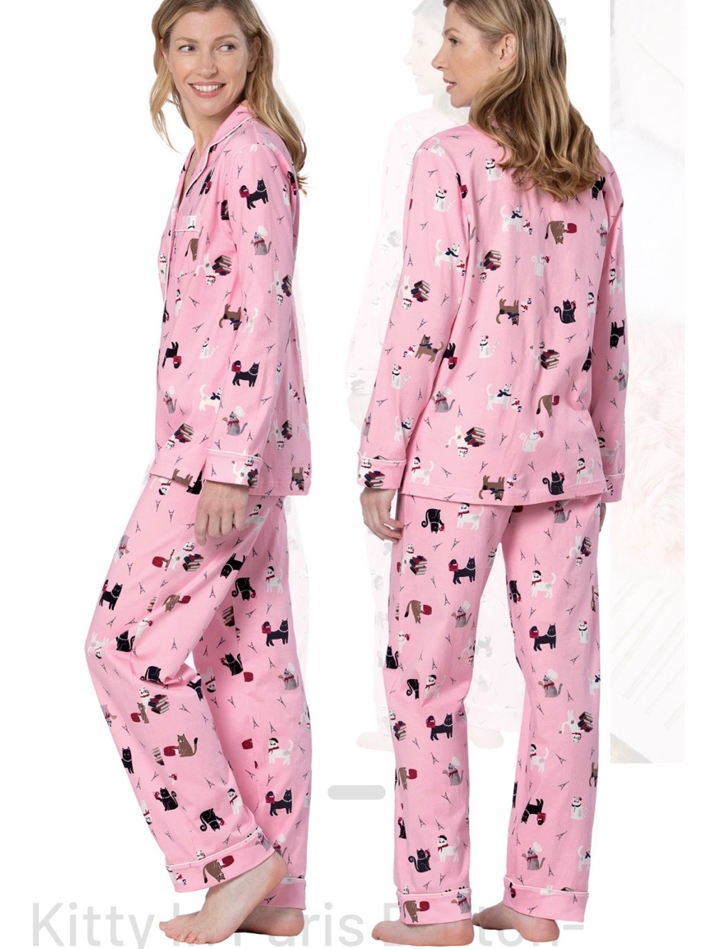 PajamaGram PJ set Pajamas Kitty in Paris Button Down Pink Cat Lovers Eiffel Med